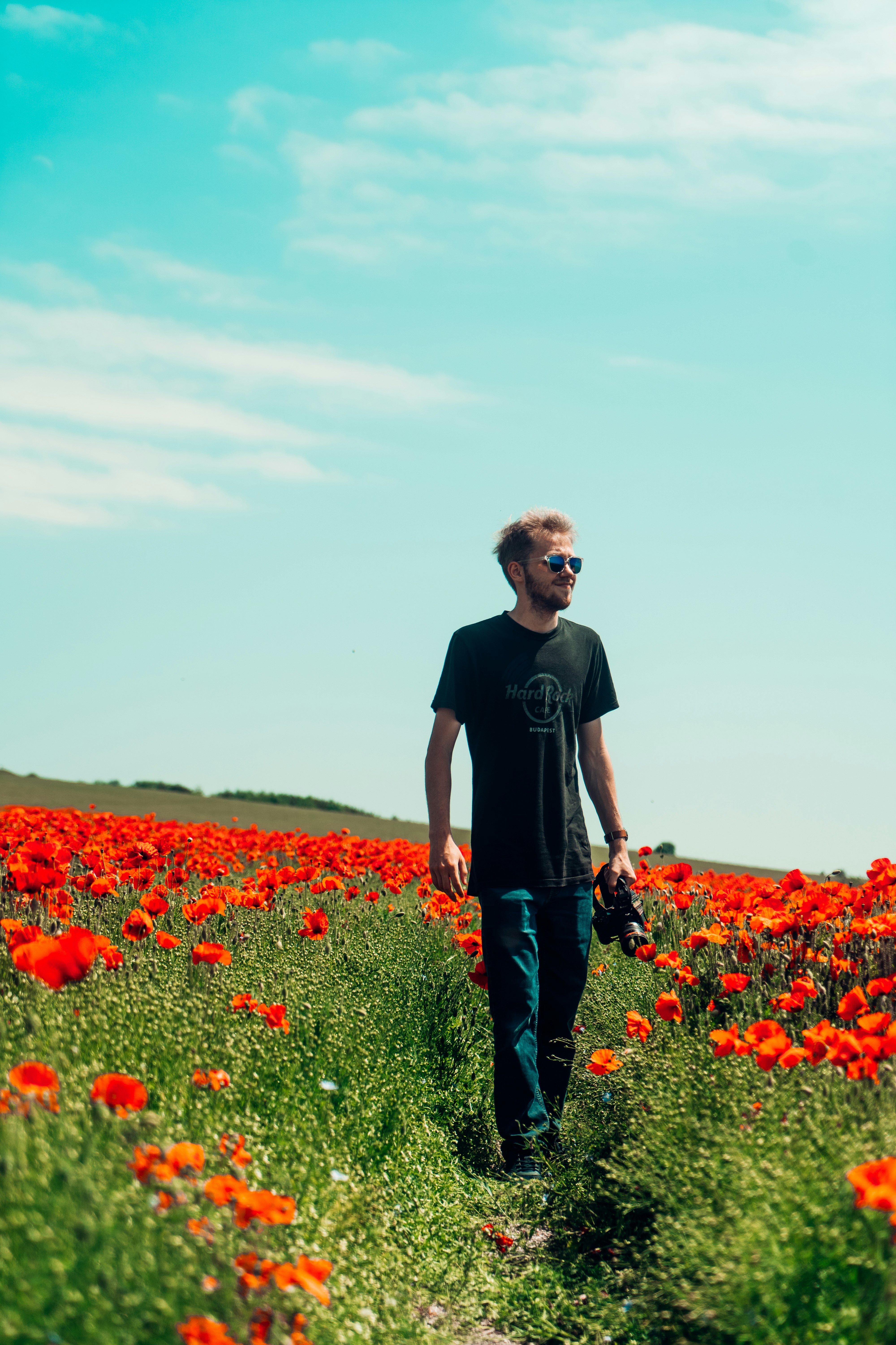 man in black crew neck t-shirt standing on red flower field during daytime